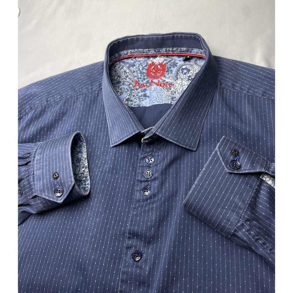 Au Noir Mens Dress Shirt Long Sleeve Blue Spotted Size 8 / 2XL Reversable Cuffs